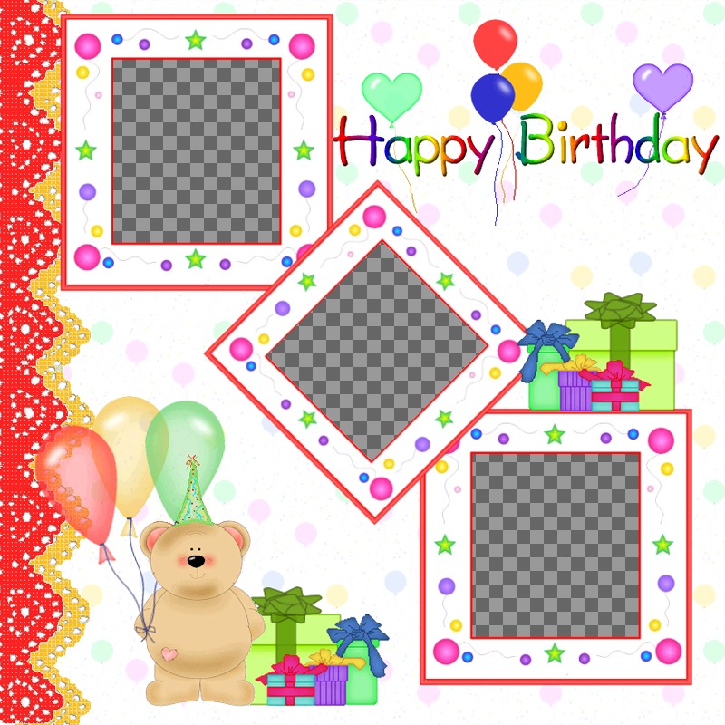 Cartolina / birthday card per 3 foto con palloncini e regali orsacchiotto..