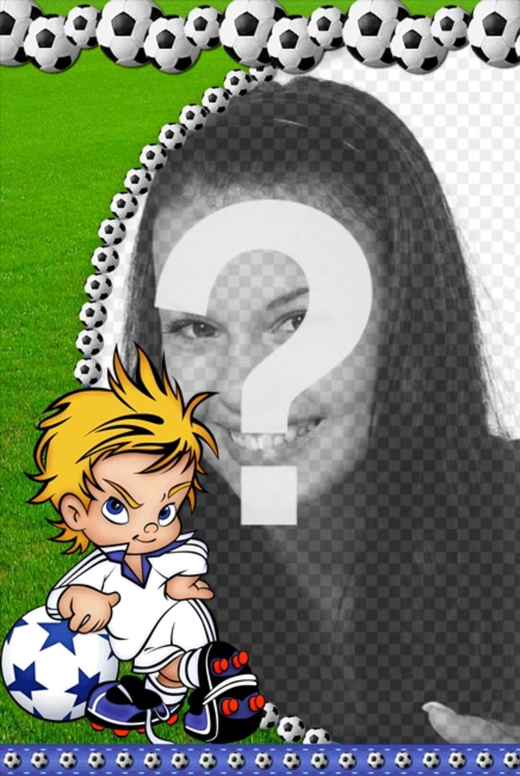 Foto palloni cornice per la fotografia. Un bambino appare giocatore con l'atteggiamento arrogante e lo sfondo verde..