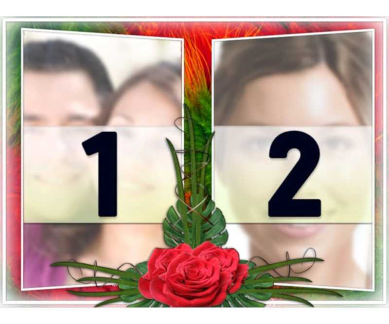 Elegante montaggio di due fotografie in una cornice di motivi floreali verdi e rosse. Con le rose in mezzo. Ideale per una coppia in amore. Come promemoria delle date importanti e San..